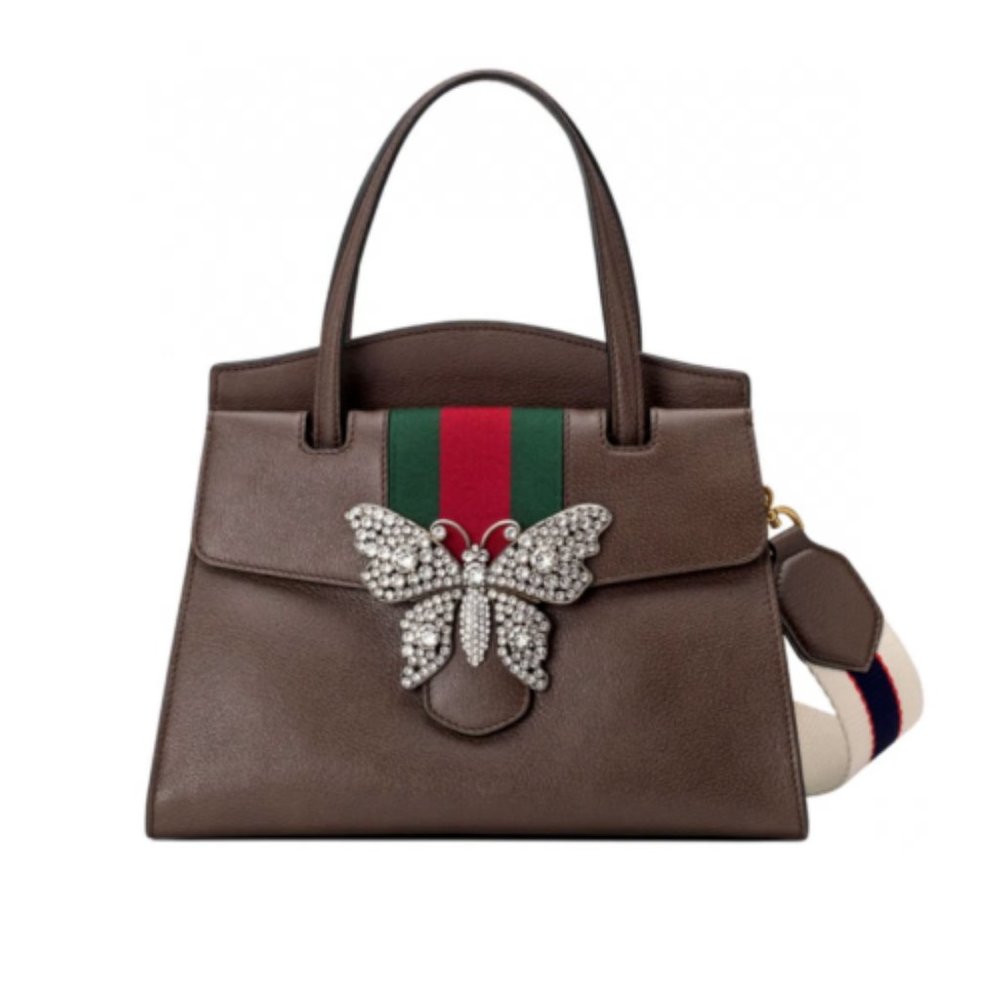 Gucci Web Crystal Butterfly Totem Shoulder Handbag Calfskin Leather 505342 NWT